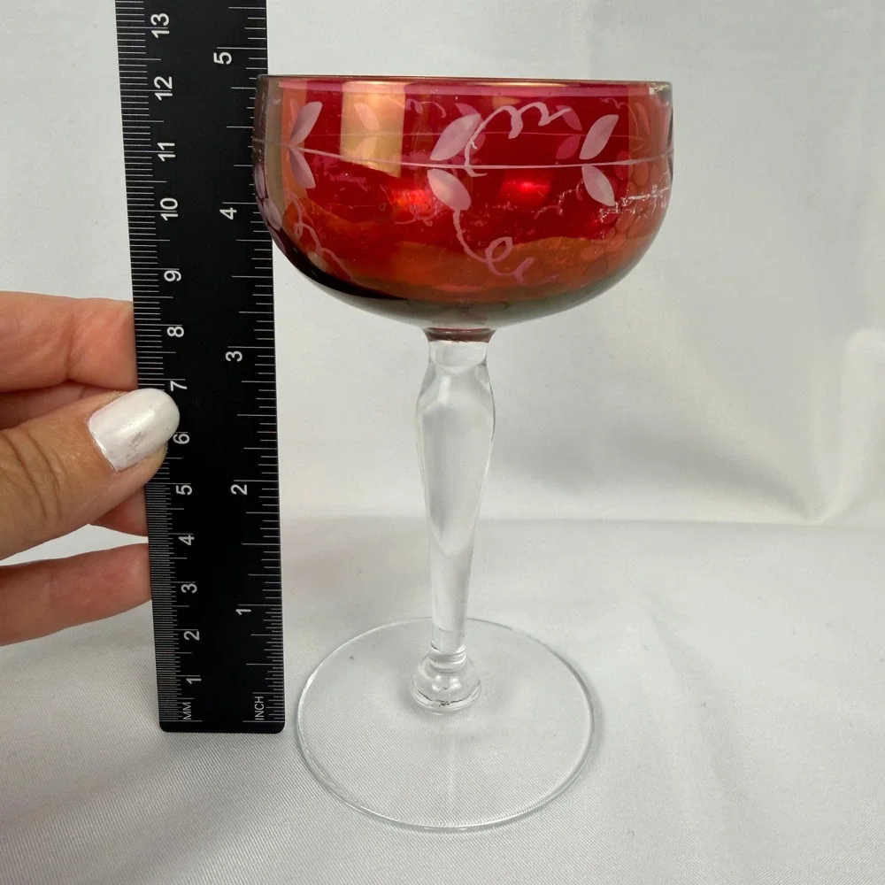 Vintage Cranberry Glass Cordial Set 6 Red Etched Grape Vine Clear Stem Barware